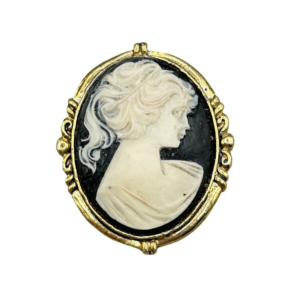 Vintage Resin Cameo Brooch Black and White Lady Profile on Gold Tone Setting - Picture 1 of 6